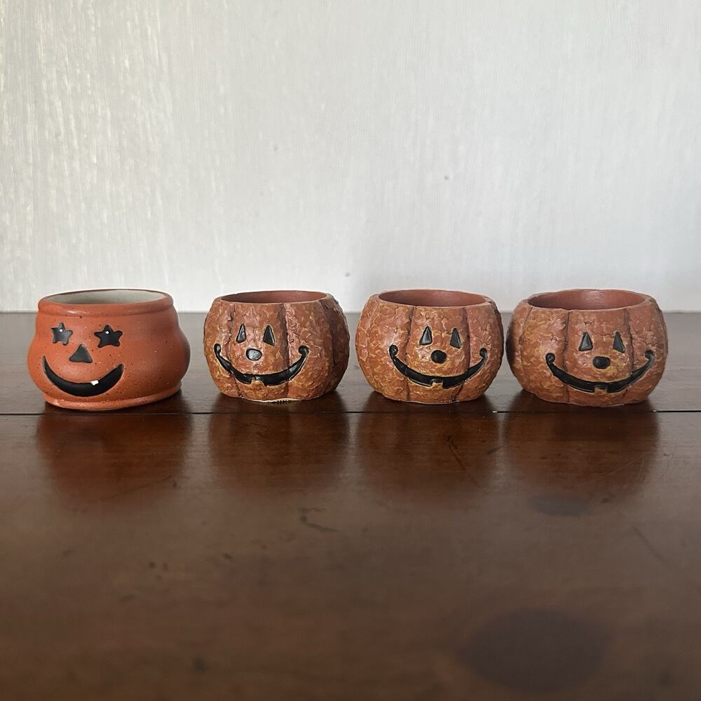 Vintage Crazy Mountain Pumpkin Tealight Holders Set of 4 Halloween Rustic Folksy